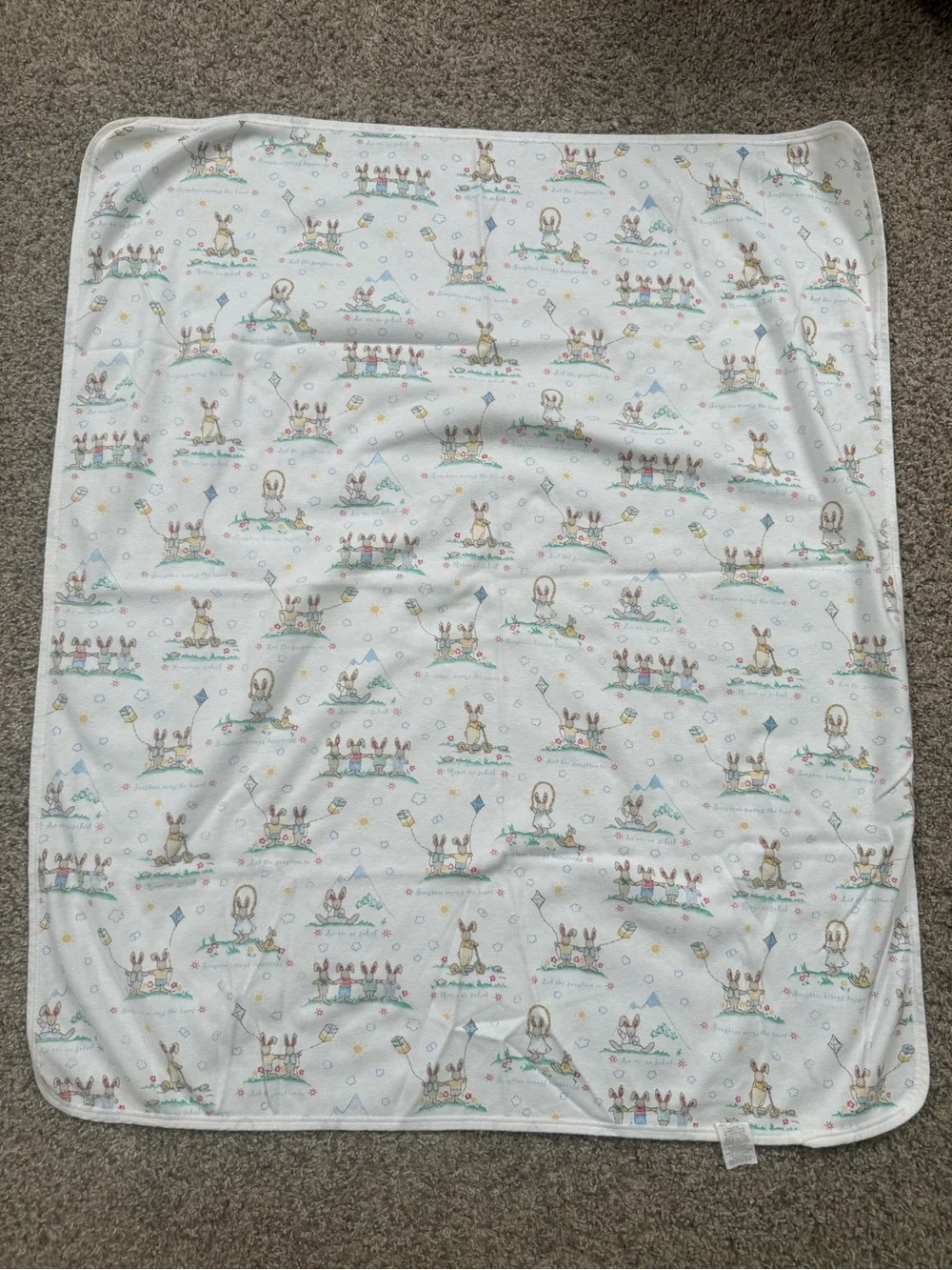 Vintage Carter's White Baby Blanket with Bunny and Pastel Prints